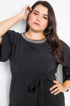 Plus Size Black Beaded Neckline Mini Dress