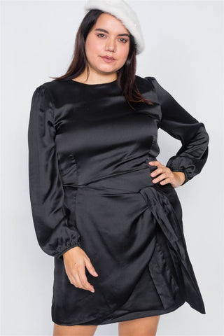 Plus Size Silk Mock Wrap Square Neck Mini Dress