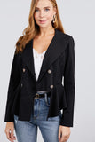 Long Sleeve Notched Lapel Collar Double Breasted Ruffle Hem Jacket