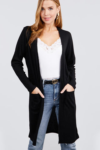 Long Dolman Sleeve Open Front W/pocket Pointelle Rib Long Cardigan