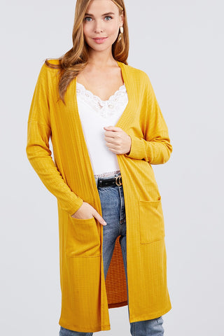 Long Dolman Sleeve Open Front W/pocket Pointelle Rib Long Cardigan