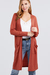 Long Dolman Sleeve Open Front W/pocket Pointelle Rib Long Cardigan