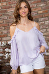 Cold Shoulder V Neck Adjustable Strap 3/4 Bubble Sleeve Top