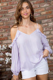 Cold Shoulder V Neck Adjustable Strap 3/4 Bubble Sleeve Top