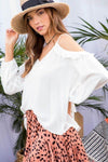 Cold Shoulder V Neck Adjustable Strap 3/4 Bubble Sleeve Top