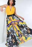 Pleated Print Maxi Skirt With Leather Waist Band